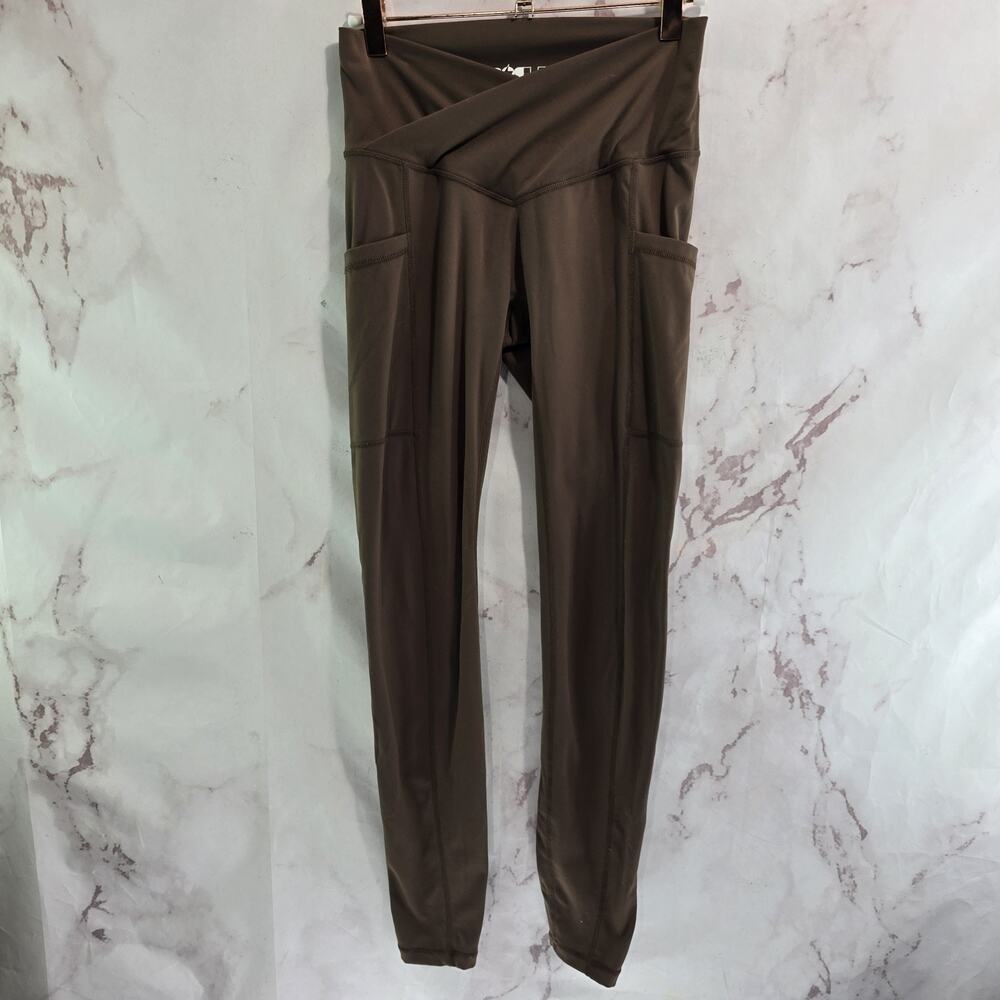 Popflex Leggings Womens Small Brown Crossover Criss Cross Crop Pocket